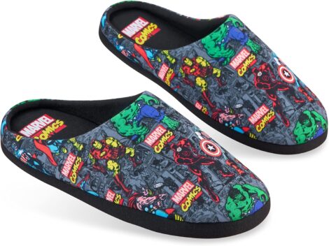 Marvel Men’s Avengers Comic Novelty Slippers with Captain America, Spiderman, and Iron Man.