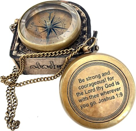 Religious gift compass for men, ideal baptism and graduation present for boys, with leather case.