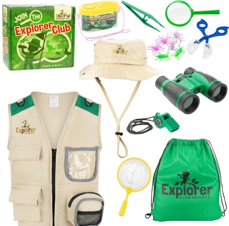 Children’s Explorer Kit includes hat, vest, and educational toys for outdoor bug hunting and exploration.