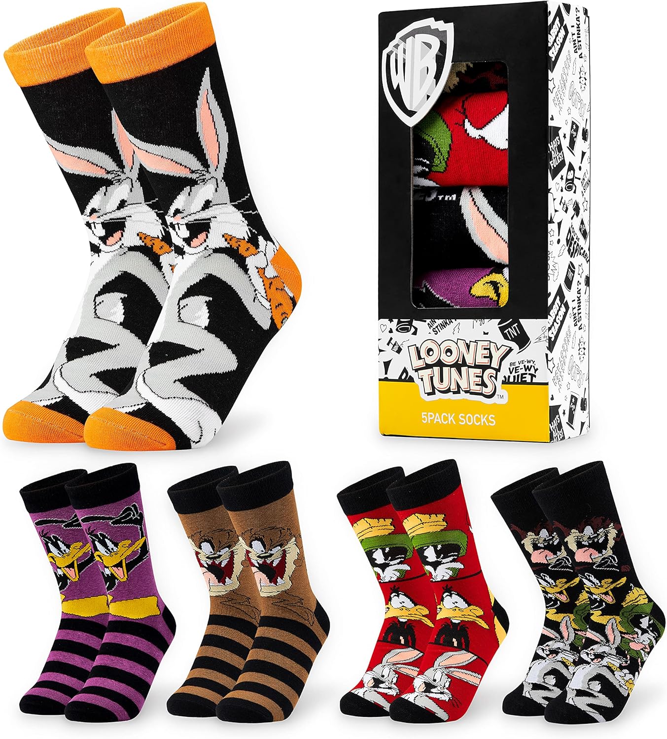 LOONEY TUNES Mens Socks Pack of 5 Crew Socks for Men Teenagers Soft Breathable Work Sports Casual Size 6-10 Mens Gifts