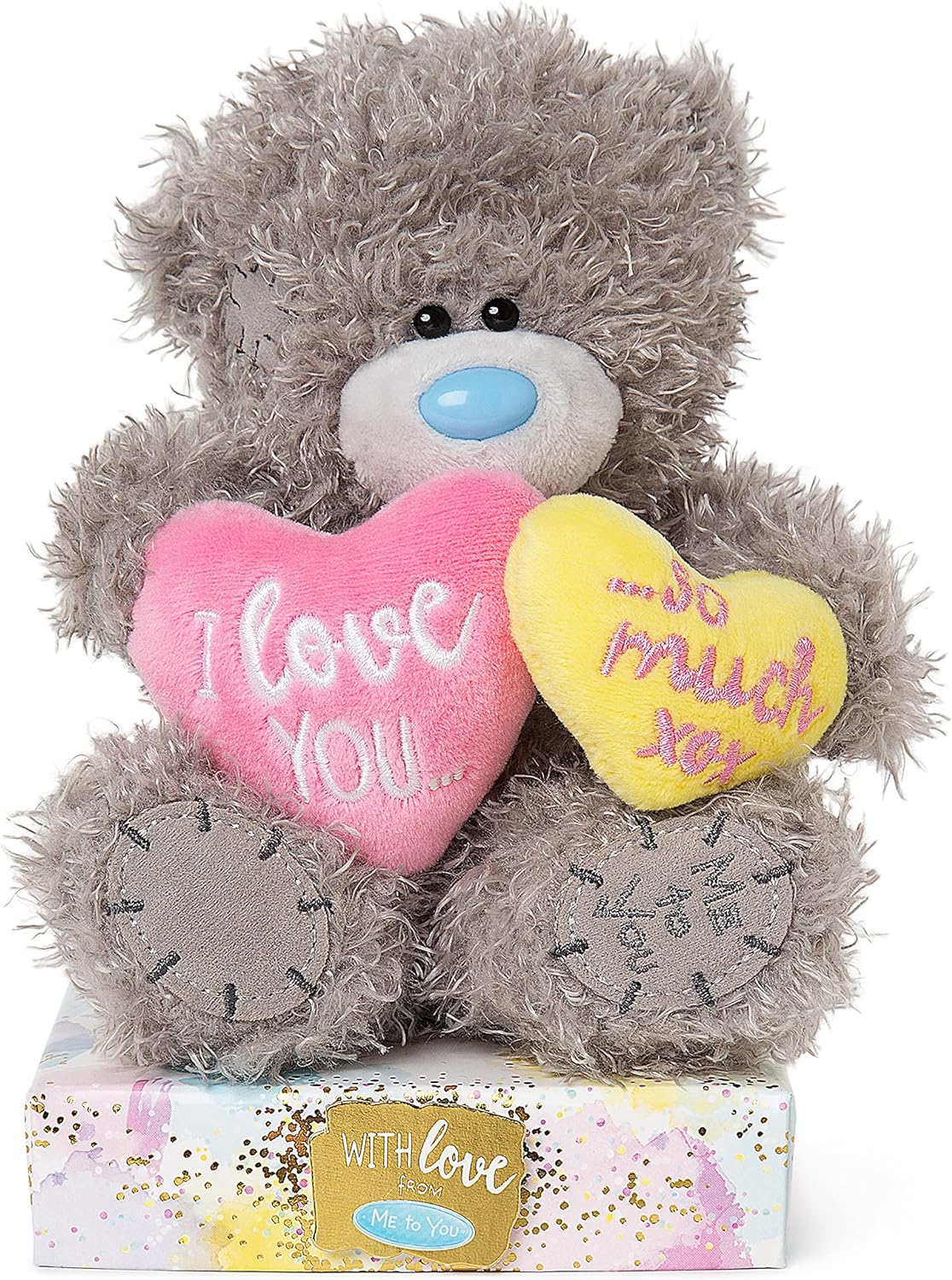 Me to You Tatty Teddy with 'I Love You So Much' Hearts with Plinth Gift Presentation - Official Collection, Blue,gold,grey,pink