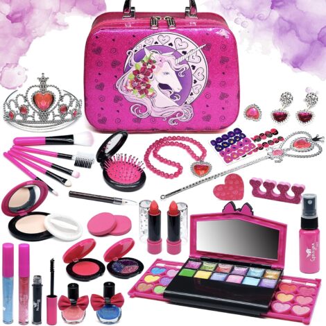 Unicorn-themed washable make-up set for girls, ideal for pretend play and birthday gifts for ages 3-12.