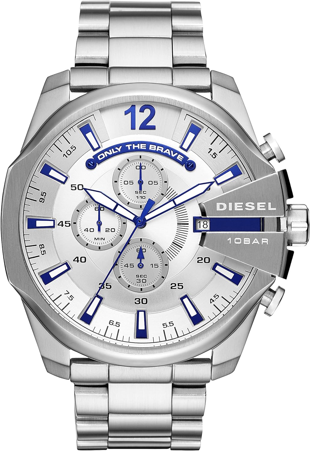 Diesel Watch for Men Mega Chief, Quartz Movement, 59 mm Silver Stainless Steel Case with a Stainless Steel Strap, DZ4477