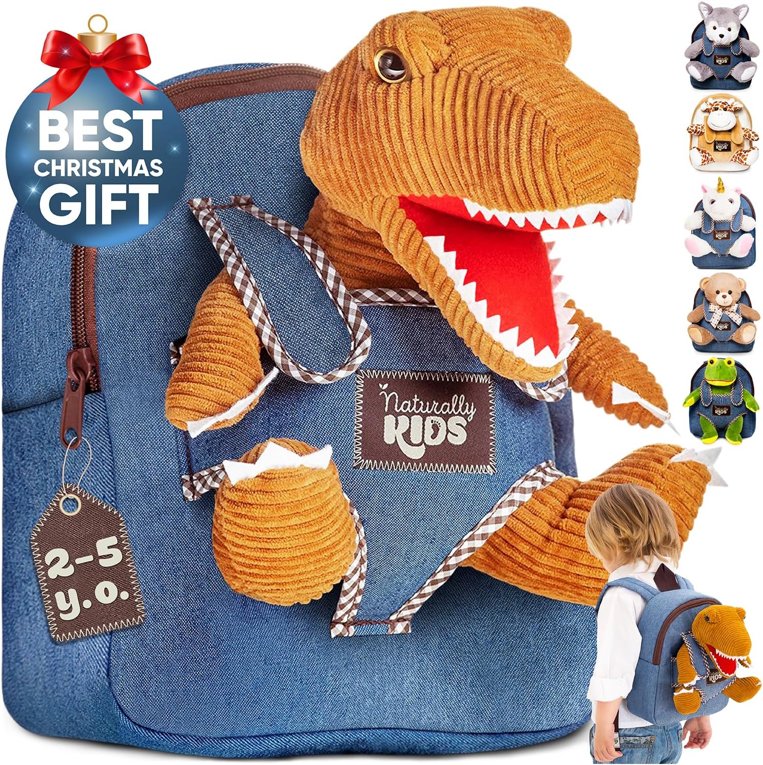 Naturally KIDS Small Dinosaur Backpack Dinosaur Toys for Kids 3-5 - Dinosaur Toys for 3 4 5 6 Year Old Boys Girls Gift - Toddler Backpack for Boys Dinosaurs for Boys Dino Toy - Dinosaur Stuffed Animal