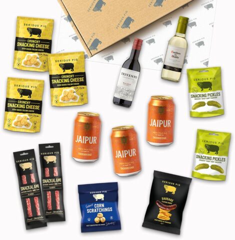 Serious Pig Pub Snacks Gift Hamper: Craft Beer, Wine, Cheese, Salami, Gherkins, and more (14 Packs)