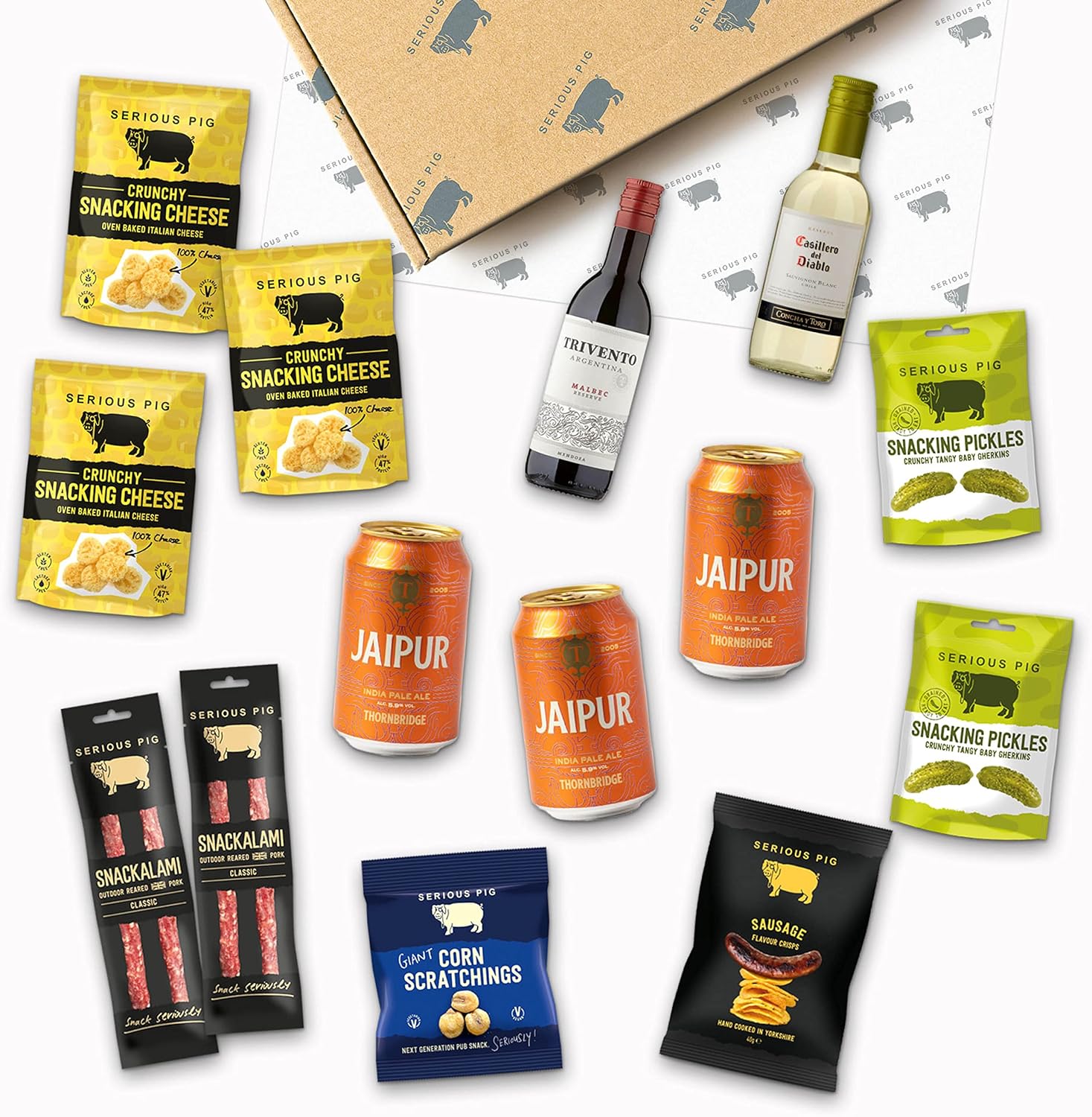 Serious Pig | Pub In The Post | With Craft Beer, Wine, Crunchy Baked Italian Cheese, Salami Sticks, Pickled Gherkins & More | Delicious Savoury Pub Snacks Gift Hamper (14 Packs)