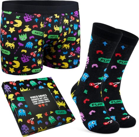 CityComfort Men’s Boxer Shorts and Funny Socks Set: Retro Gaming Inspired, Soft and Breathable.