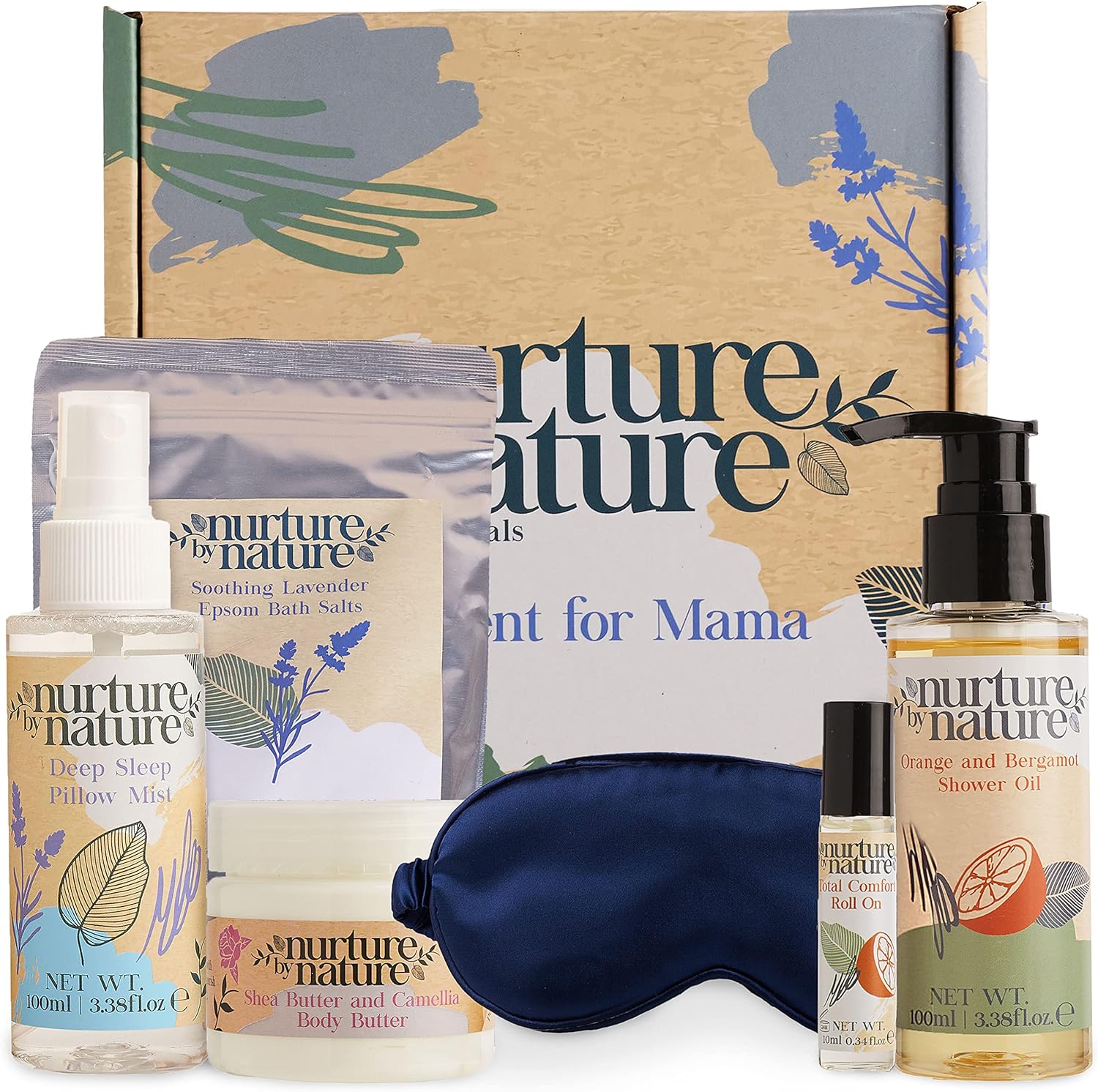 Nurture by Nature A Moment for Mama Gift Set, Gifts for Mum, Body butter, Shower Oil, Essential Oil Roll on, Epsom Bath Salts, Silk Eye Mask, Mum To Be, Pre, Post Natal Pregnancy Gift, Post Natal