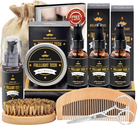 Men’s Beard Grooming Kit: Wash, Oil, Shaper, Brush, Balm, Comb, Scissors – Gift for Beard Growth.