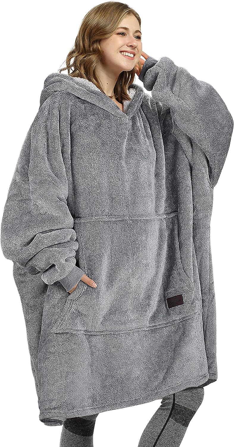 Kato Tirrinia Oversized Hoodie Blanket, Warm Gifts for Women, Cosy Sherpa Sweatshirt, Soft Wearable Fleece Blanket, Giant Hoody Sweater with Front Pocket Adults Men Friends Grey