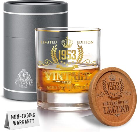 Kies®Gift Gold 70th Birthday Whiskey Glass – Personalized 1953 Gift for Him, Dad, or Uncle.