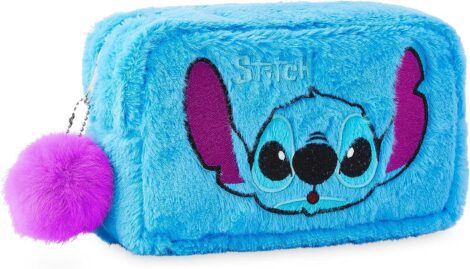 Blue Fluffy Disney Stitch Toiletry Bag, a cute travel accessory for women, girls, and teenagers.