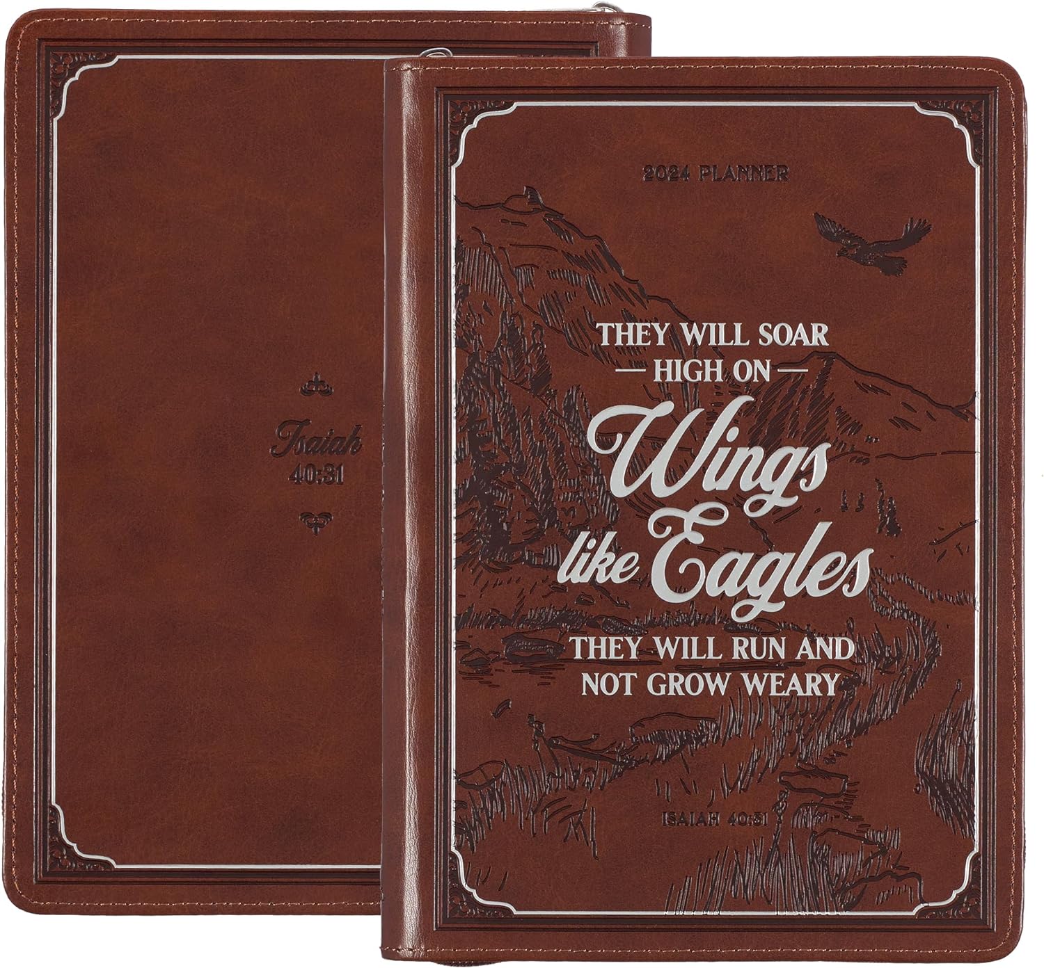 Christian Art Gifts 2024 12 Month Executive Vegan Leather Planner for Men & Women: Wings Like Eagles - Isaiah 40:31 Inspirational Bible Verse, Daily Personal Organizer w/Zipper Closure & Ribbon, Brown