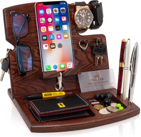 Teslyar Men’s Wood Phone Docking Station Nightstand – Perfect Gift for Him, Dad or Men’s bedside.