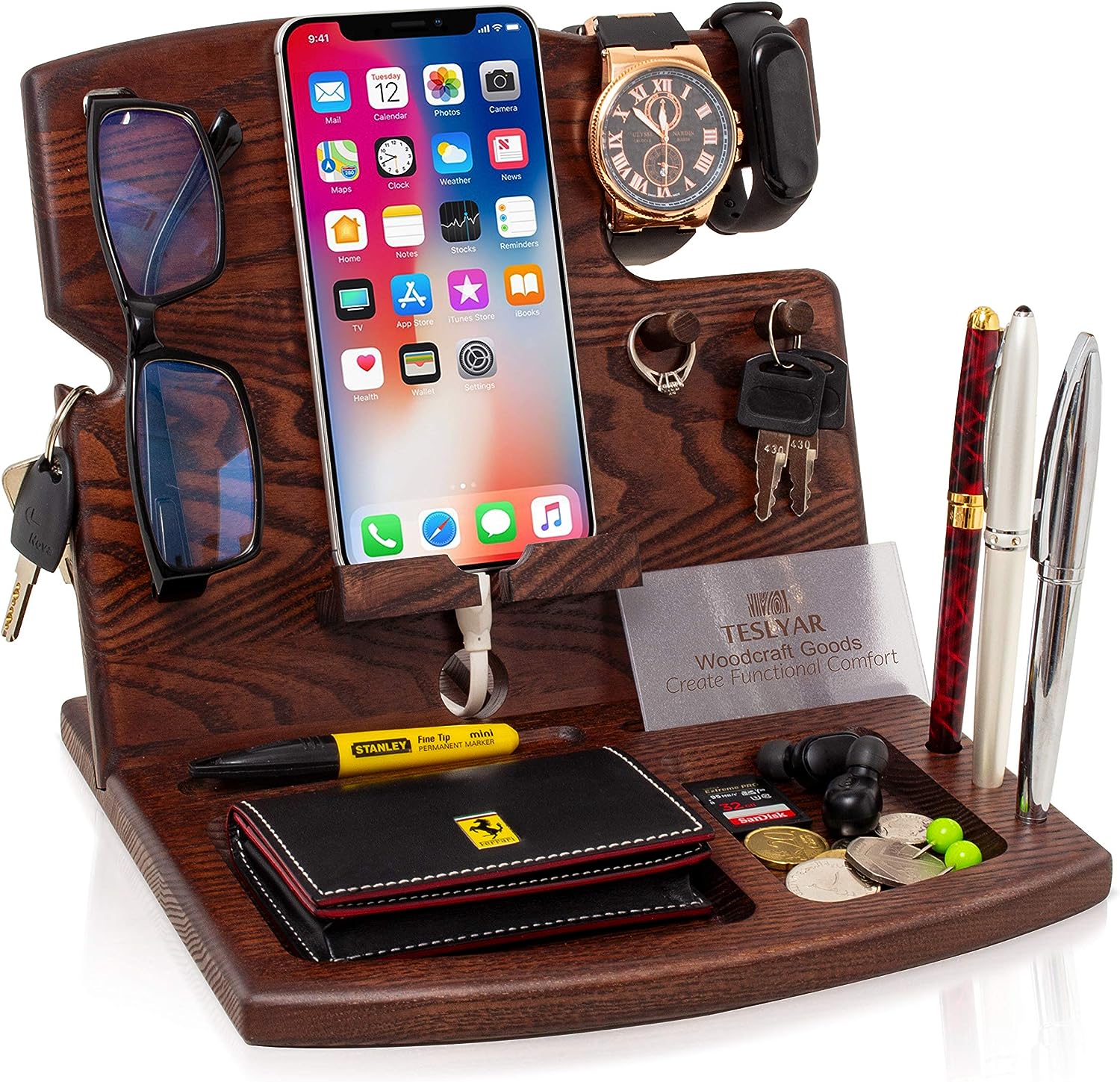 Teslyar Gifts for Men Wood Phone Docking Station Nightstand Father gifts Men's bedside stand Xmas gift Key Holder Wallet Stand Gift for Him Anniversary Birthday presents Present for Men, Dad