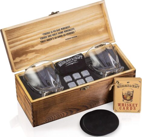 Whiskey Rocks Set with Glass and Box – Ideal Whiskey Gift for Men