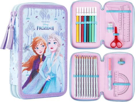 Disney Stitch Pencil Case with Stationery for Girls, filled with Frozen school supplies, markers, and pencils.