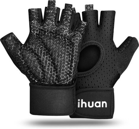 ihuan Fingerless Workout Gloves with Wrist Support: Enhanced Palm Protection, Extra Grip for Fitness