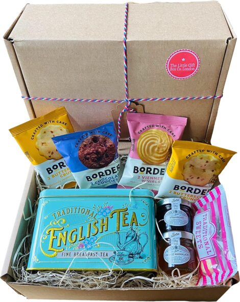 Tea Gift Set with Biscuits & Traditional Tin: British Breakfast Tea, Jam, Marmalade, Border Biscuits. Mini Hamper for Men, Women or Afternoon Tea.