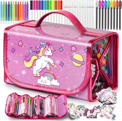 Scented Washable Markers Set with Unicorn Stationery Case, Travel Art Colouring Set for Kids 3-12