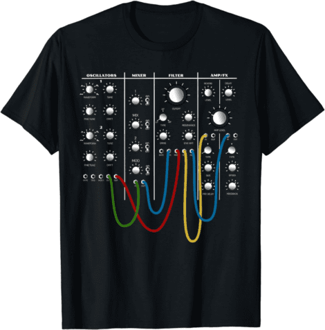 Electronic musician t-shirt features an analog modular synthesizer panel design.