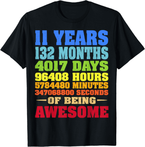 11th Birthday Retro Vintage T-Shirt for Boys and Girls, Aged 11