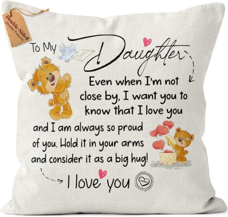 Double-sided Kies GIFT® cushion covers: Birthday gifts for daughter, personalized with love from parents.