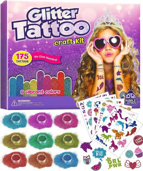 Peel & stick sparkly tattoos with 175 designs for kids, ideal for 7-year-old girls, perfect as gifts.