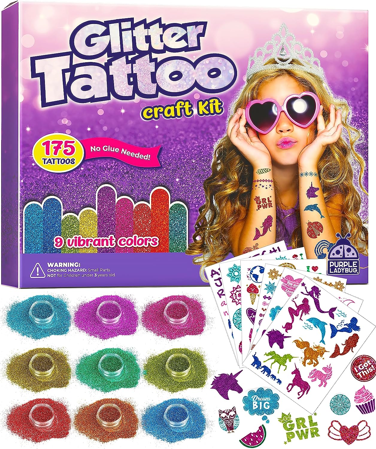 PURPLE LADYBUG Glitter Tattoos for Kids with 175 Designs of Peel & Stick Sparkling Tattoos, Ideal 7 Year Old Girl Gifts, Kids Tattoos for Girls Age 6 8 9 10+, Girls Gifts & Christmas Gifts for Girls